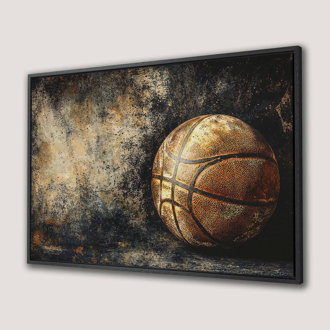Framed Wall Art featuring a textured basketball in a dark, grunge style. Warm brown and gold tones pop against a black background. Perfect for sports fans!