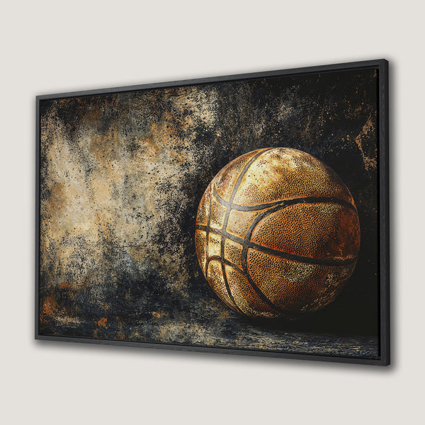 Framed Wall Art featuring a textured basketball in a dark, grunge style. Warm brown and gold tones pop against a black background. Perfect for sports fans!