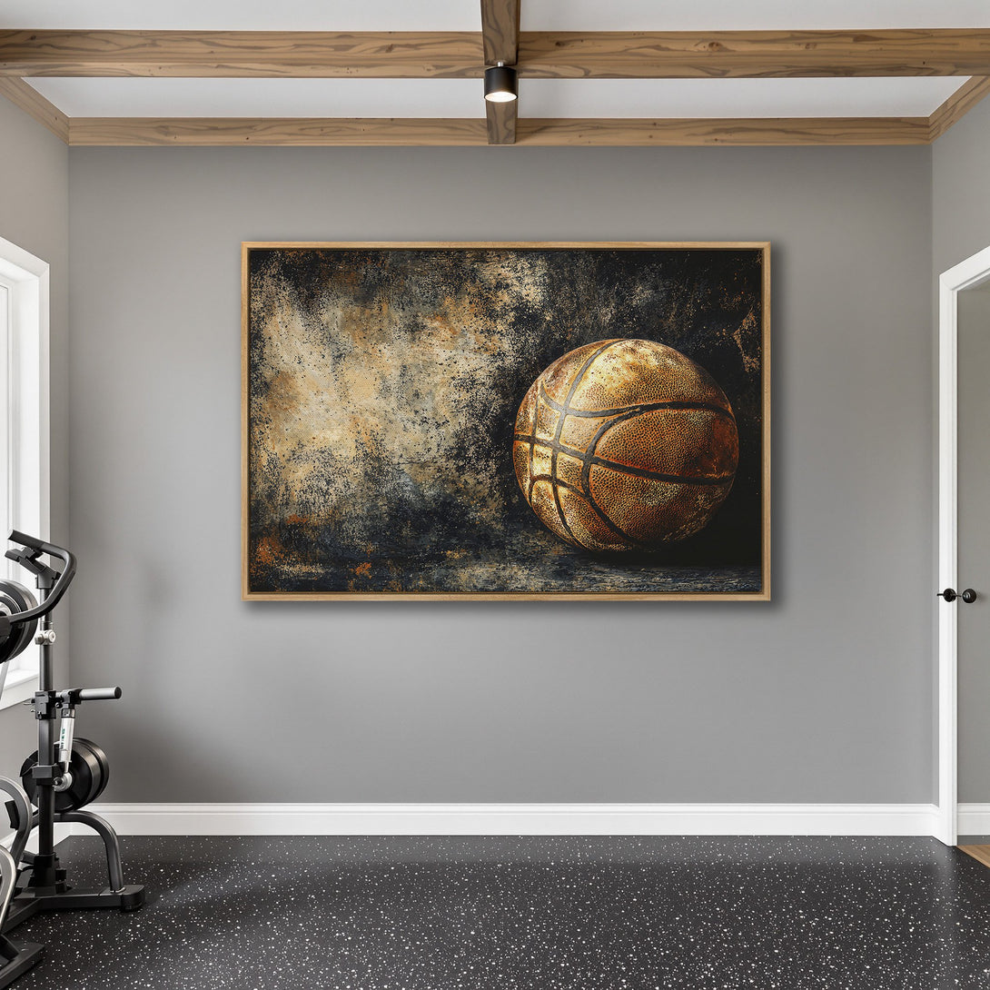 Framed Wall Art: Abstract basketball print with a rustic, textured style. Earthy tones of brown, gold, and black create a dramatic statement piece.