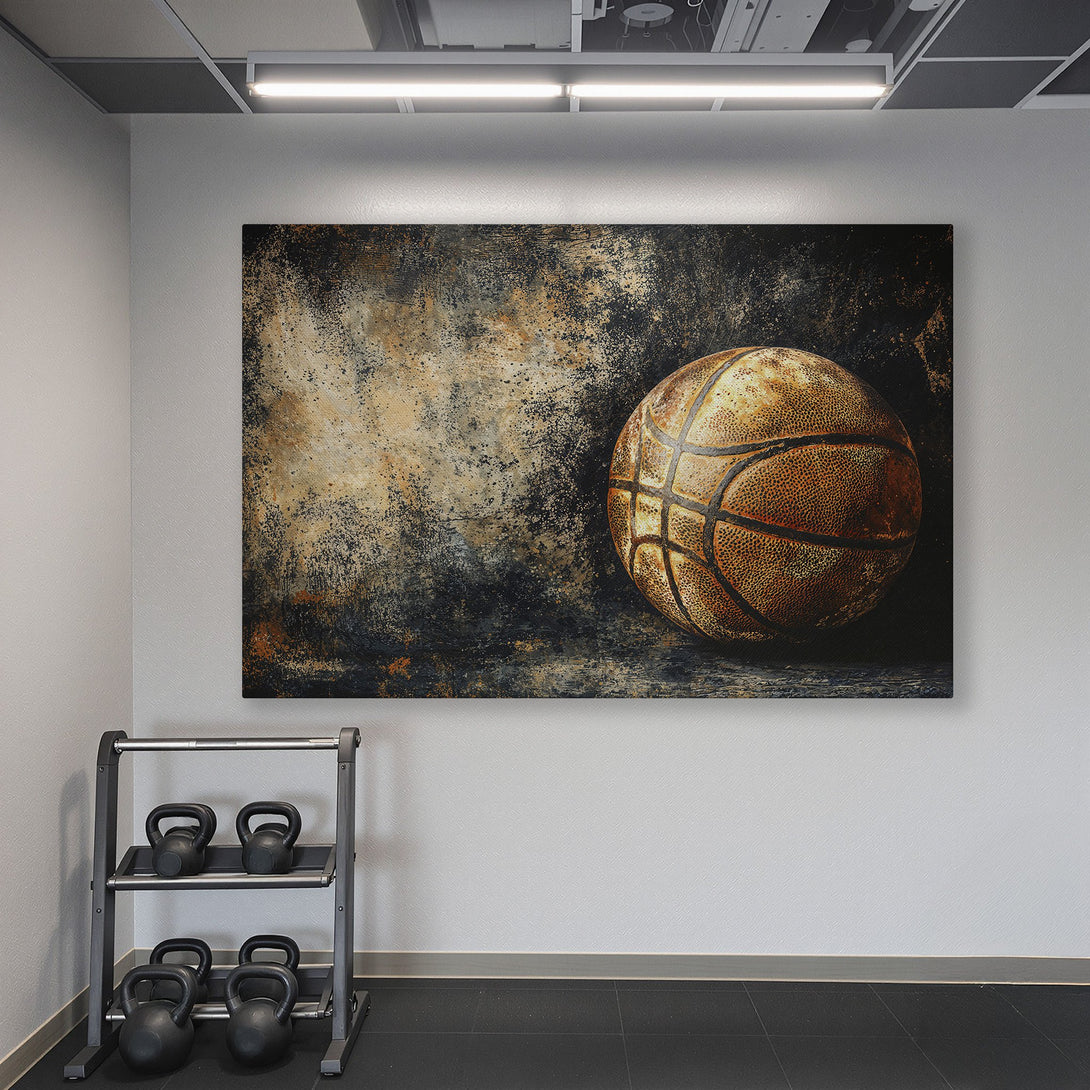 Framed Wall Art: Grunge basketball canvas print in a home gym. Earthy tones pop against teal walls. Elevate your space with unique sports art!