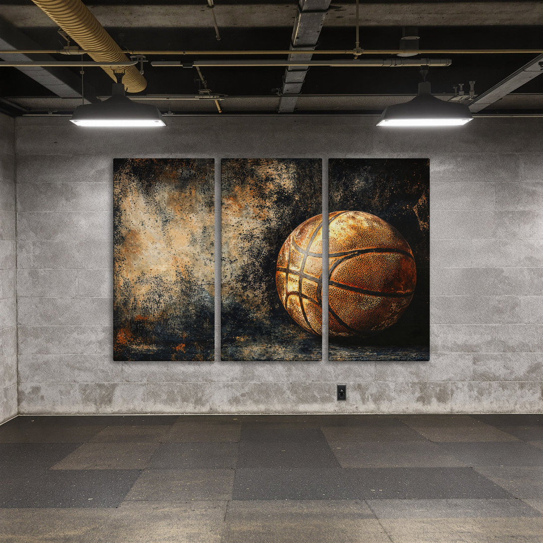 Canvas Print triptych featuring a grunge basketball in a dark, industrial style. Earthy tones of brown, black, and gold create a bold, vintage aesthetic.