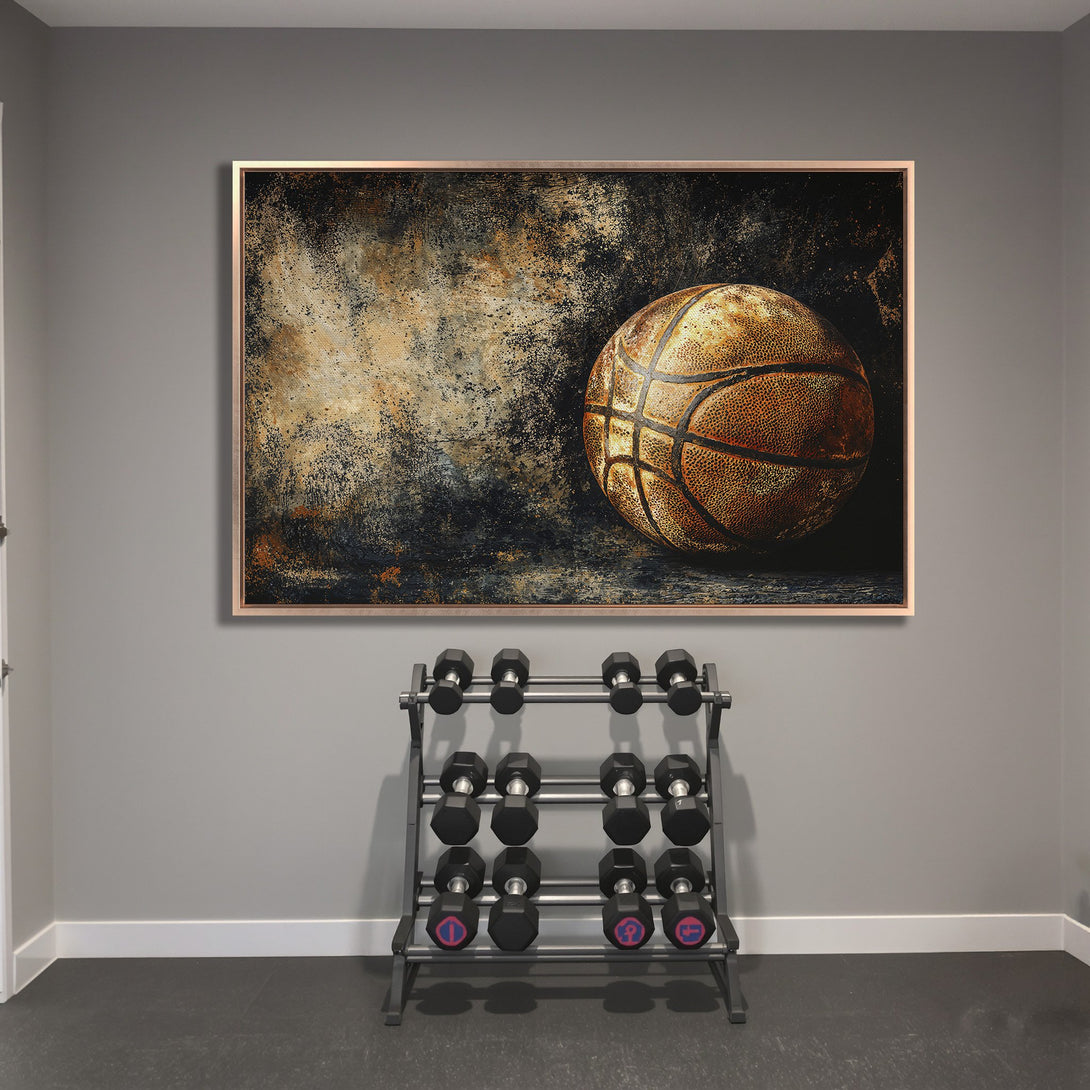 Framed Wall Art: Rustic basketball print in warm brown and black tones. Perfect for a home gym or sports-themed decor. Elevate your space today!