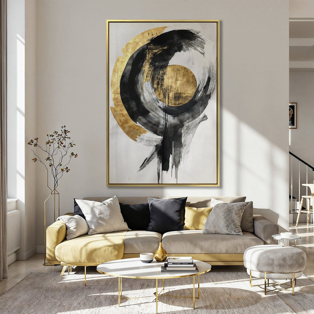 Abstract Canvas Print in a kitchen with gold, black, and white brushstrokes. Modern art with a neutral color palette. Elevate your space with this art piece.