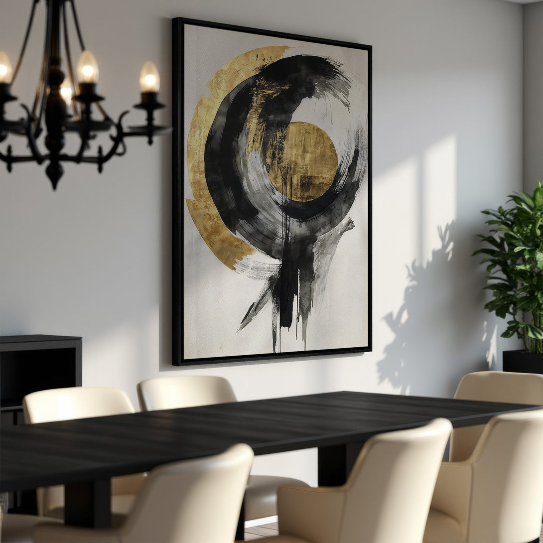 Framed Wall Art: Abstract black & gold brushstroke design canvas print. Modern art for dining room decor. Neutral color palette.