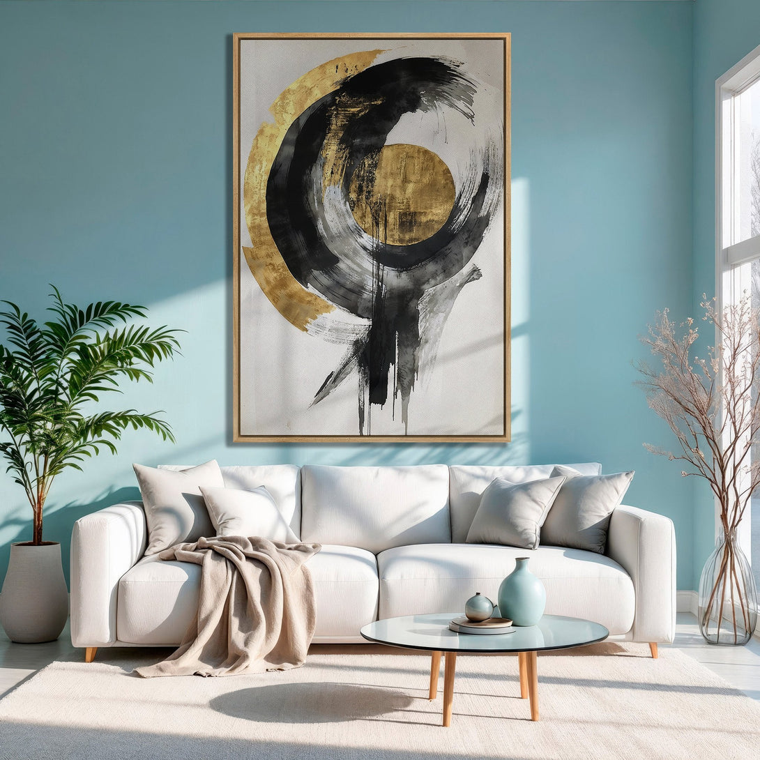 Framed Wall Art: Abstract brushstroke design in gold, black, and white. Modern art canvas print adds a touch of elegance to any living room.