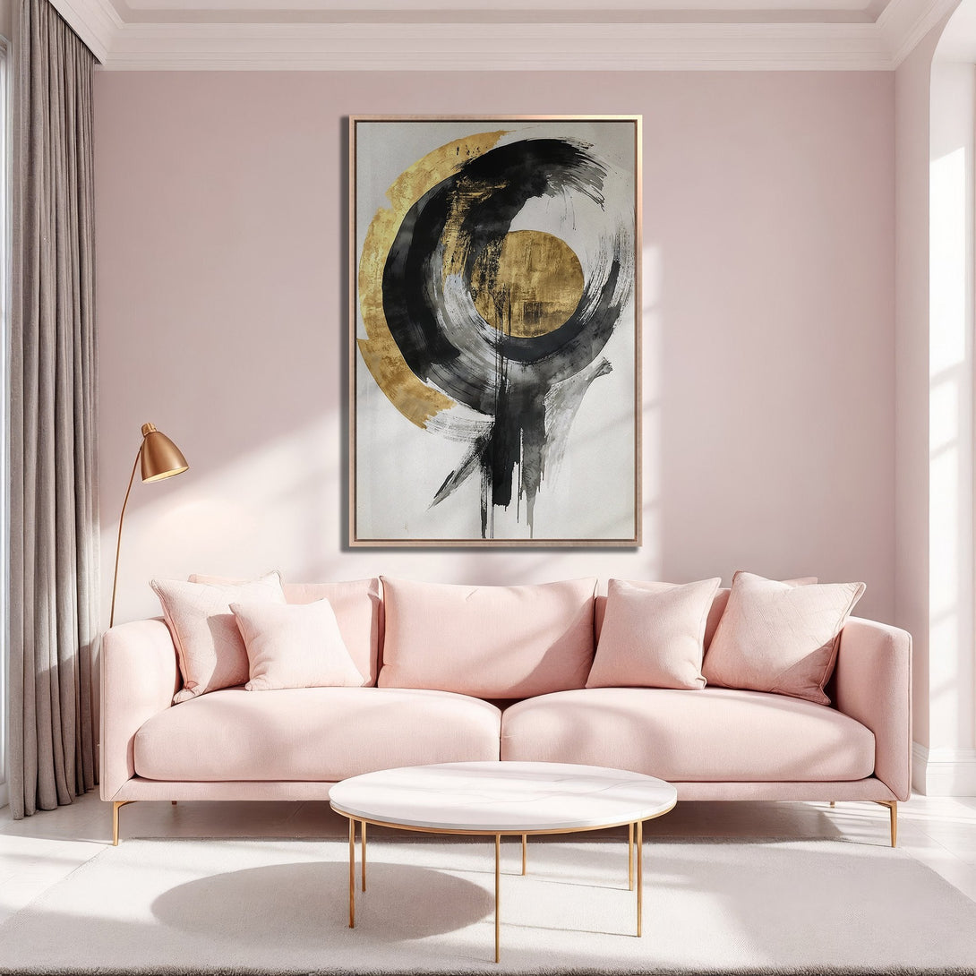 Framed Wall Art: Abstract black & gold canvas print in a modern living room. Features a blush pink and gold color palette, perfect for stylish home decor.