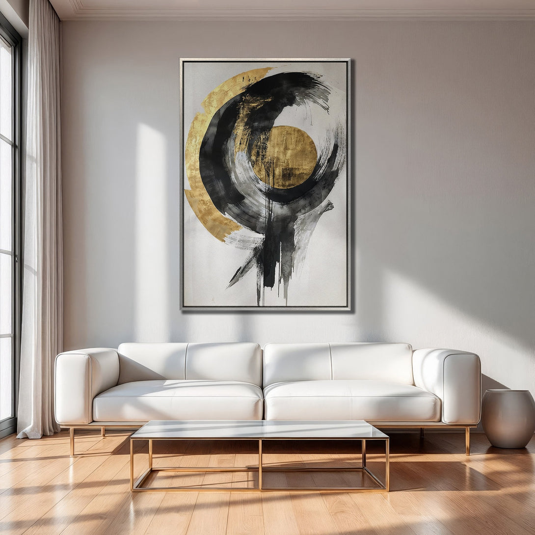Framed Wall Art: Abstract black, gold, and white painting. Modern art canvas print adds a touch of elegance to any interior.