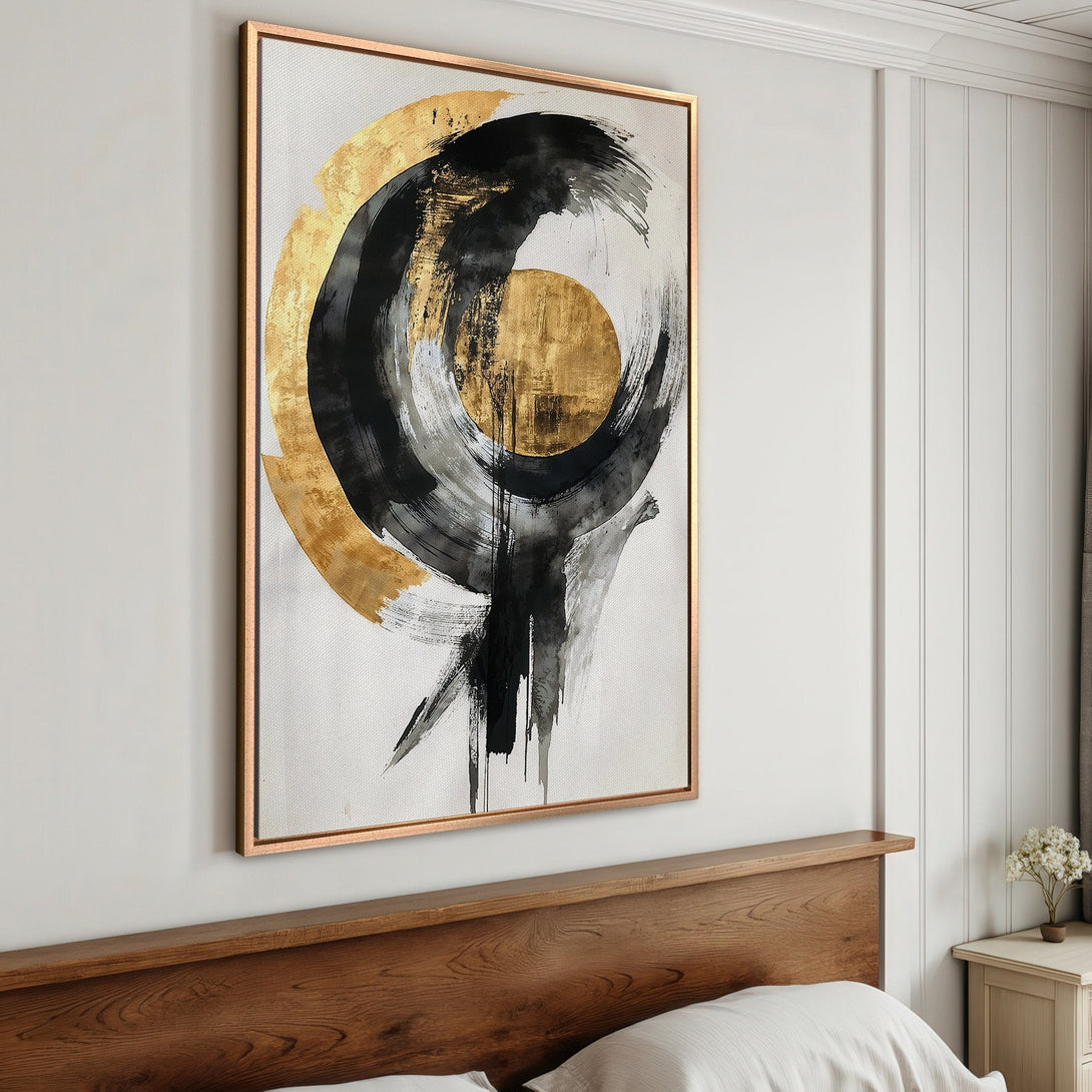 Framed Wall Art: Abstract brushstroke art in gold, black, and gray. Modern Canvas Print adds a touch of elegance to any interior.