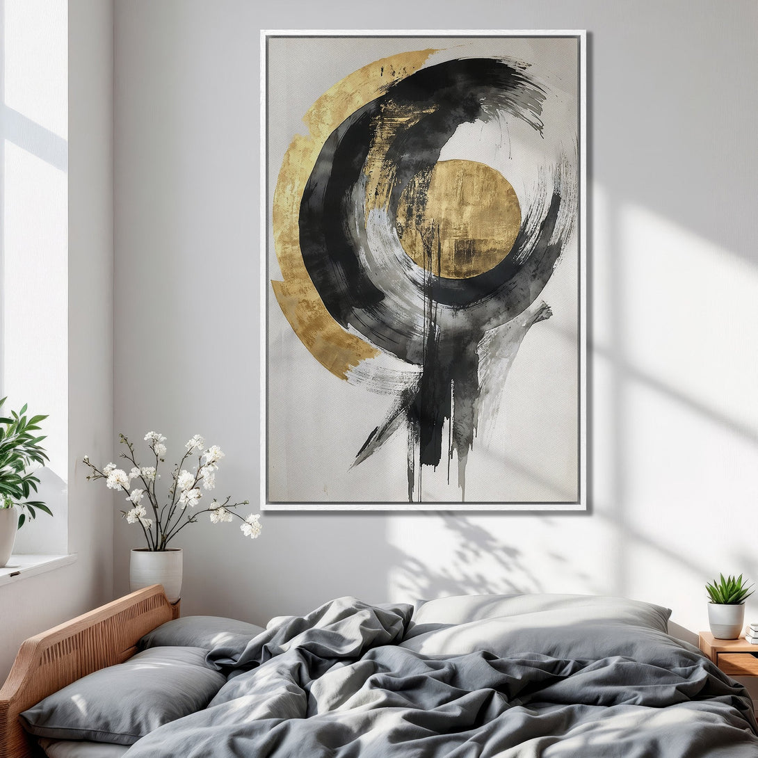 Framed Wall Art: Abstract gold, black, and gray brushstroke art. Modern canvas print for bedroom decor. Elevate your space with stylish wall art.
