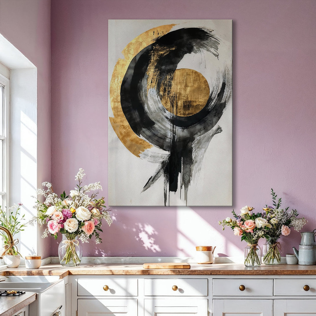 Framed Wall Art: Abstract black, gold, and white canvas print. Modern art for home decor, featuring a stylish brushstroke design and neutral color palette. Shop now!