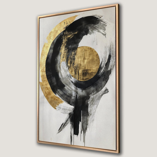 Framed Wall Art featuring abstract brushstrokes in black, gold, and gray. Modern canvas print perfect for adding a touch of elegance to your home decor.