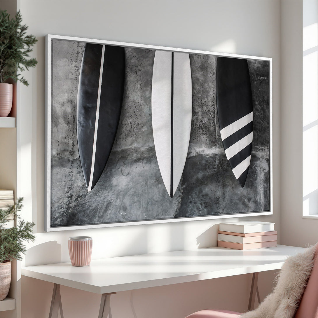 Framed Wall Art featuring surfboards in black, white, and gray. Modern, minimalist style with a coastal vibe. Perfect for adding a touch of surf culture to your space.