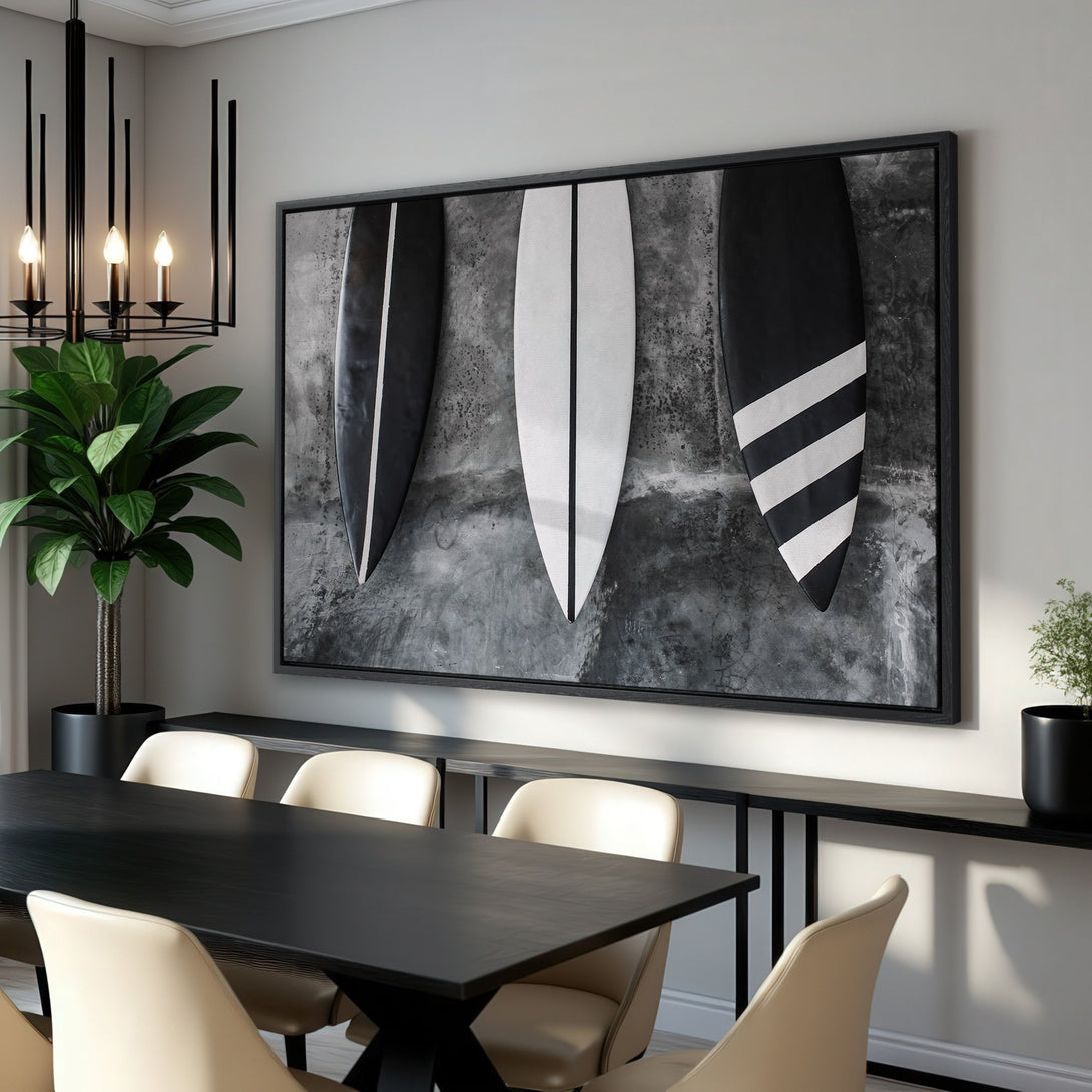 Framed Wall Art featuring surfboards in a modern, black and white style. Perfect coastal decor for your home!