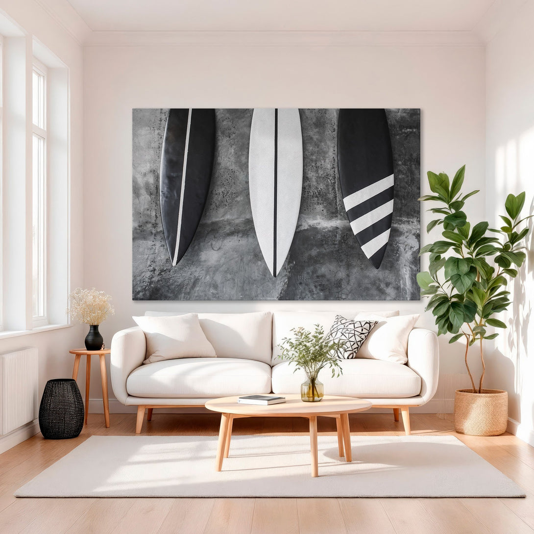 Framed Wall Art featuring surfboards in black and white against a gray background. Modern coastal decor, perfect for living room or bedroom.