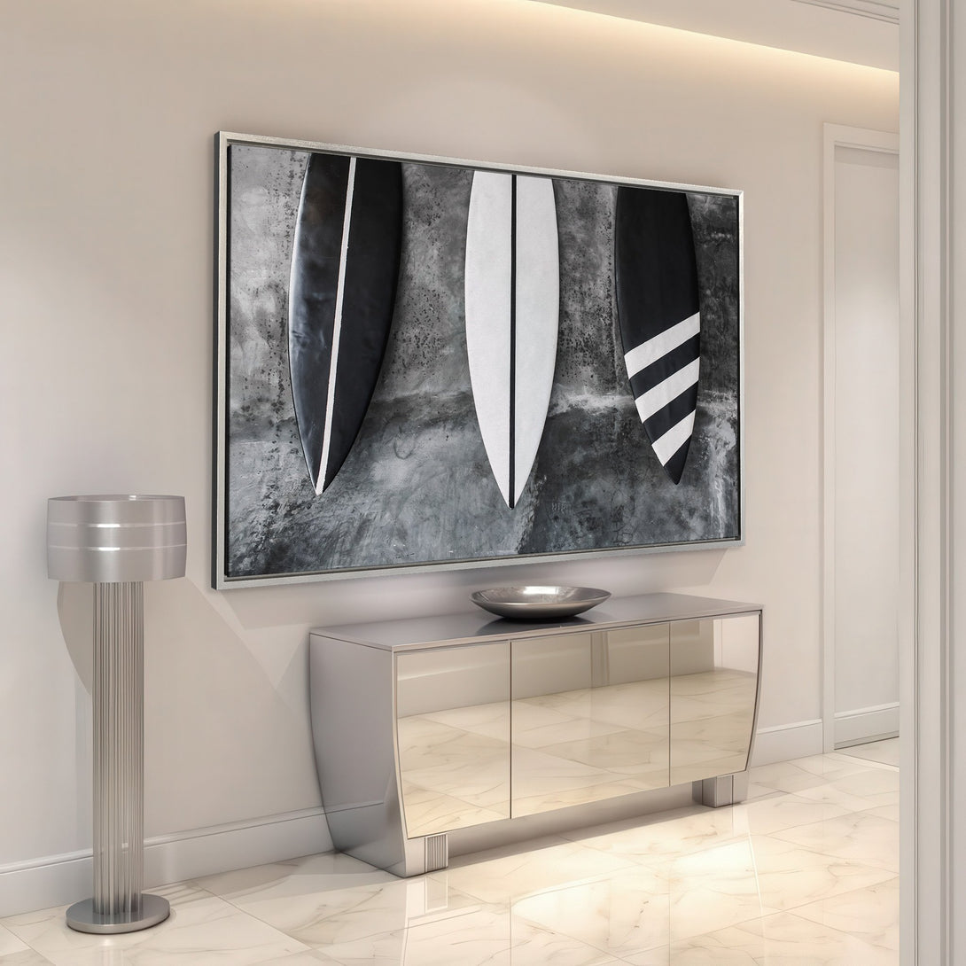 Framed Wall Art featuring surfboards in a modern, black and white design. Perfect for coastal decor!