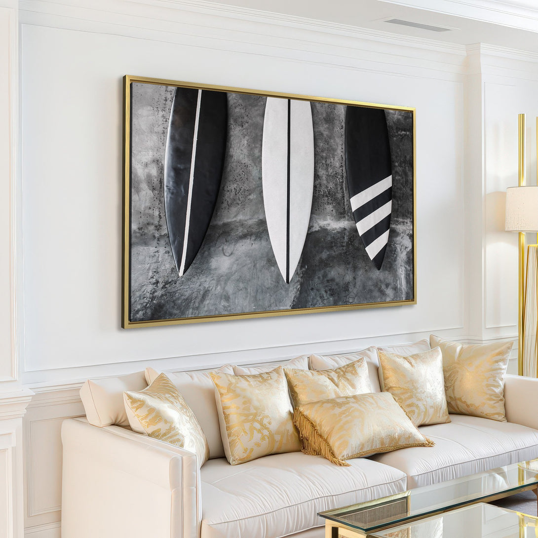 Canvas Print featuring surfboards in a modern, minimalist interior. Black, white, and gray color palette, adding a touch of coastal style to your home.