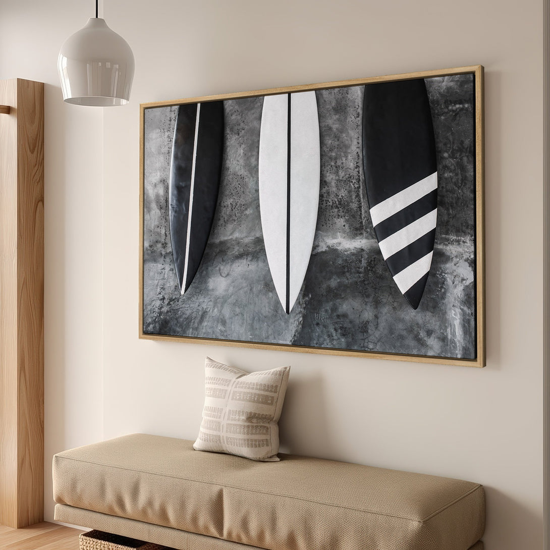 Framed Wall Art: Modern surfboards in black and white against a concrete background. Coastal decor with a neutral color palette for a stylish interior.