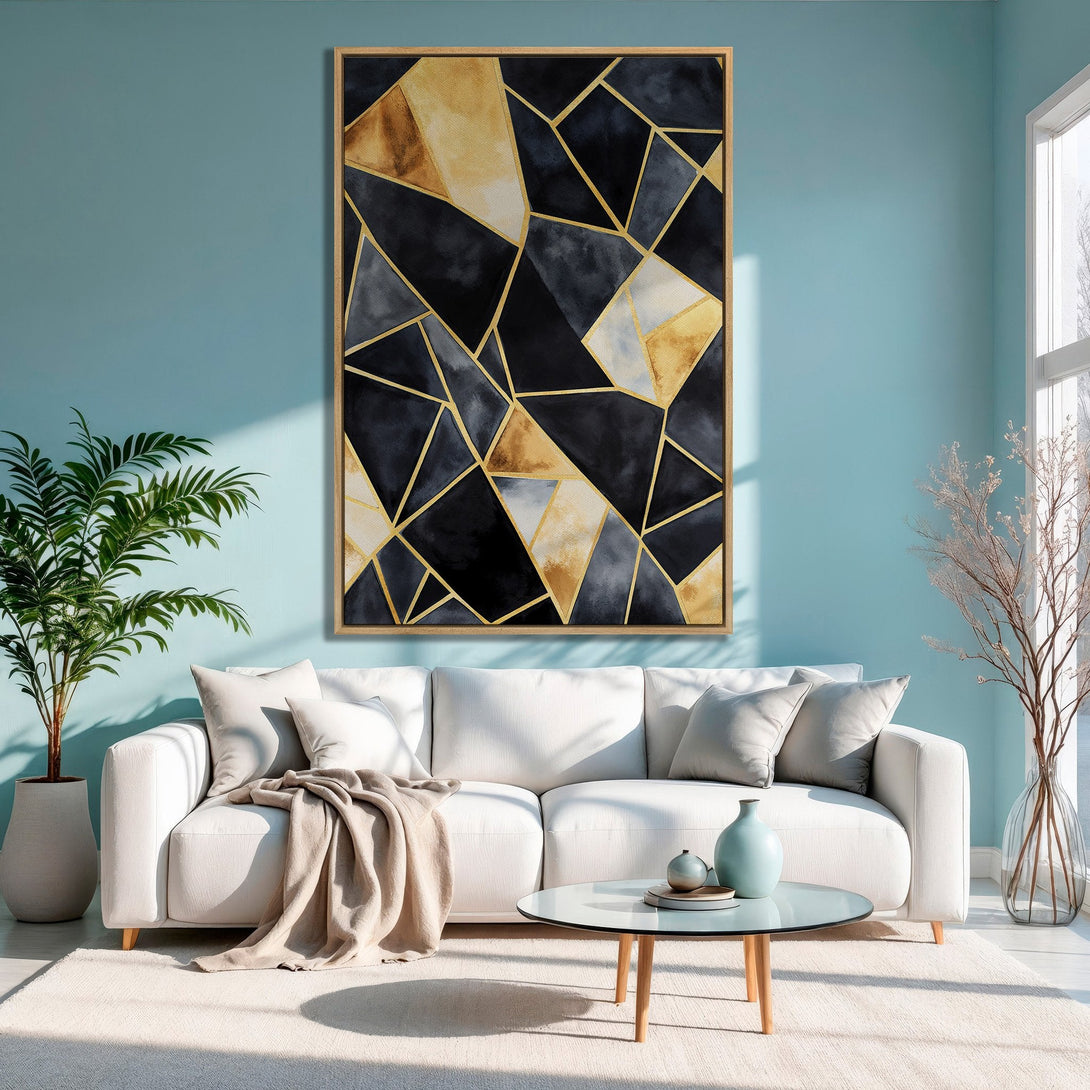 Framed Wall Art: Abstract geometric design in black, gold, and white. Modern Canvas Print adds a touch of elegance to any space.