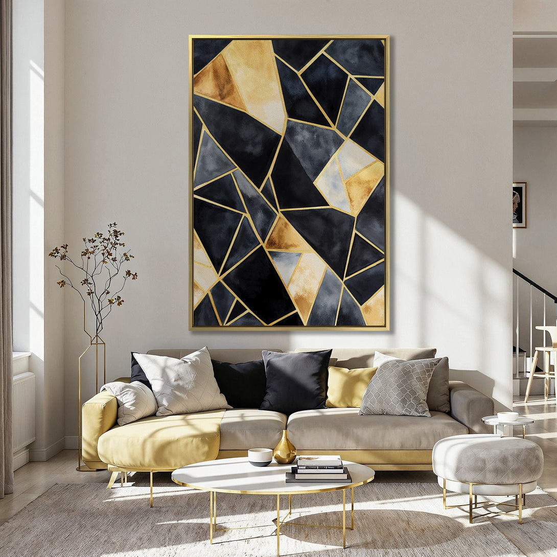 Canvas Print of abstract geometric art in black, gold, and neutral tones, displayed in a stylish interior.