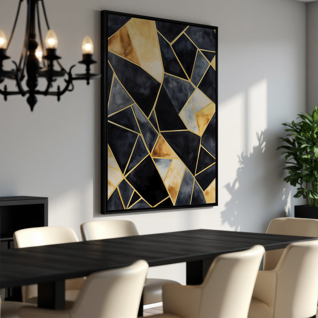 Framed Wall Art: Modern abstract geometric design in black, gold, and grey tones. Perfect for dining room decor. Elevate your space with stylish art!