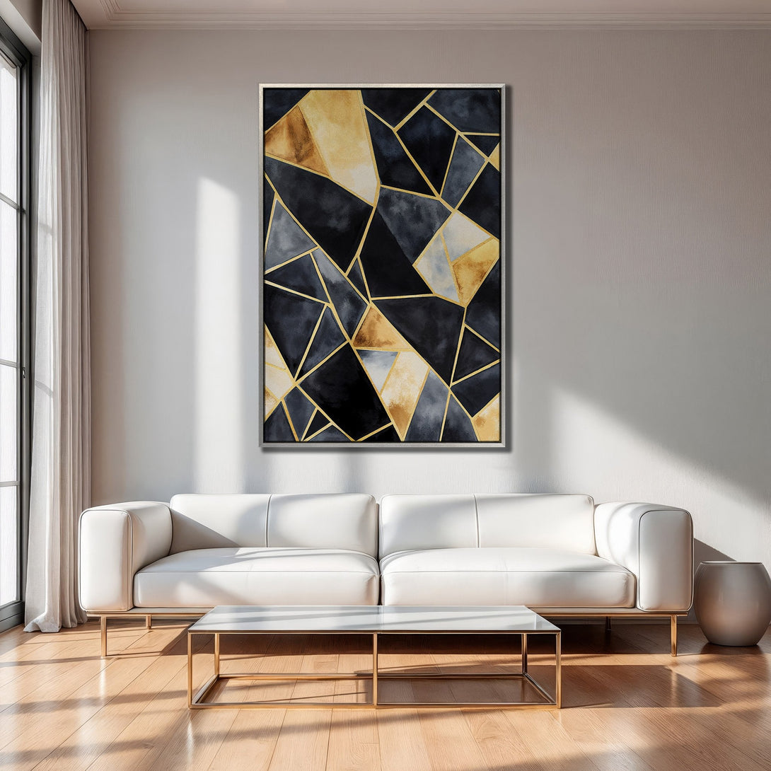 Framed Wall Art: Abstract geometric design in black, gold, and gray. Modern Canvas Print adds a touch of elegance to any living space.