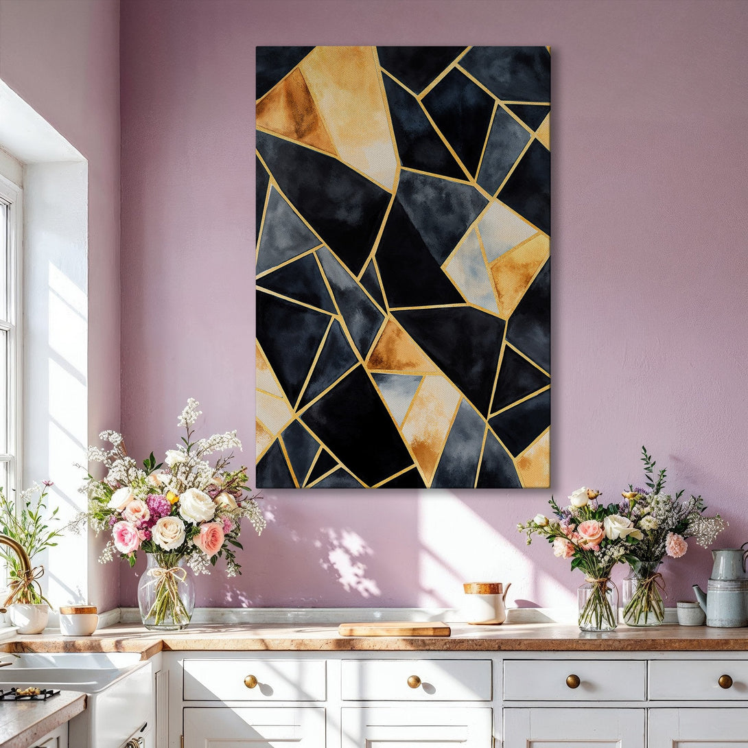 Framed Wall Art: Modern abstract geometric design in gold, black, and beige hues. Perfect for adding a touch of elegance to your living room. Shop now!