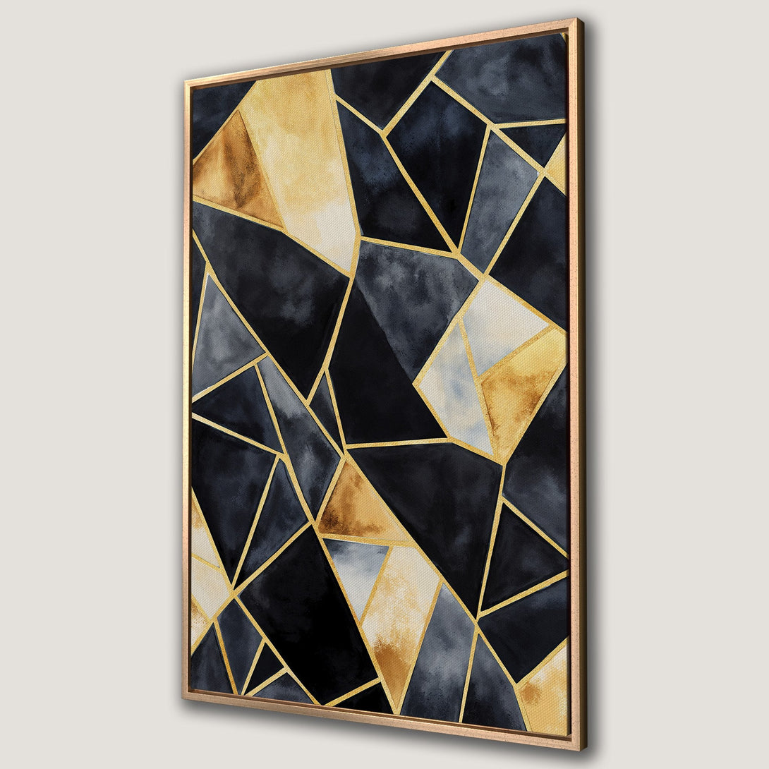 Framed Wall Art: Geometric abstract Canvas Print in black, gold, and gray. Modern art for home decor, featuring a stylish, contemporary design.