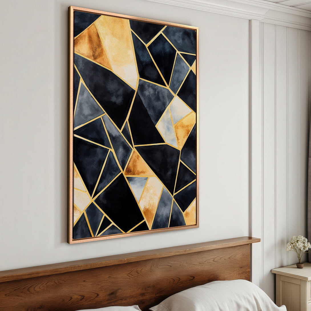 Framed Wall Art: Geometric abstract art in navy, gold, and neutral tones. Modern canvas print for bedroom decor. Shop stylish wall art today!