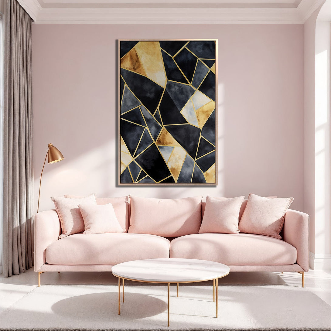 Framed Wall Art featuring a modern geometric design in black, gold, and gray tones. Stylish Canvas Print adds a touch of elegance to any living room.