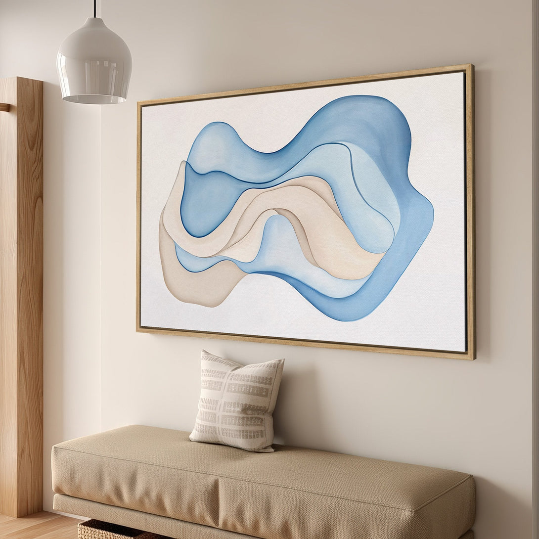 Framed Wall Art: Abstract blue and beige waves Canvas Print. Modern art for home decor, neutral color palette.