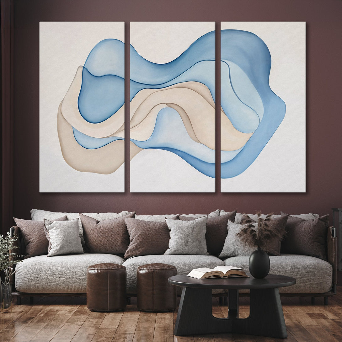 Abstract Canvas Print in blue and beige tones. Modern wall art for a calming living room.