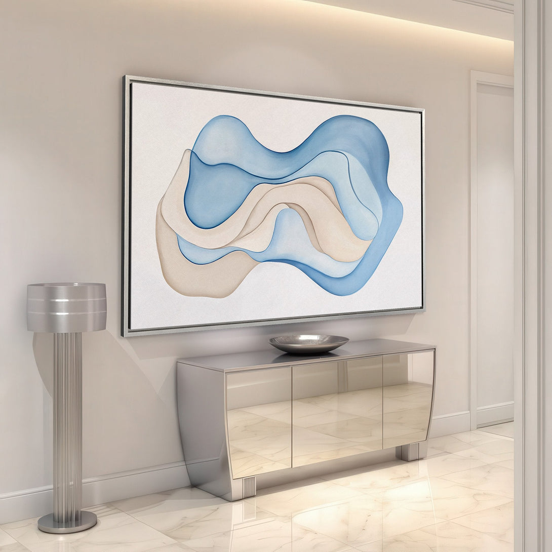 Framed Wall Art: Abstract blue & beige canvas print. Modern art for home decor. Coastal color palette. Enhance your space with this unique artwork.