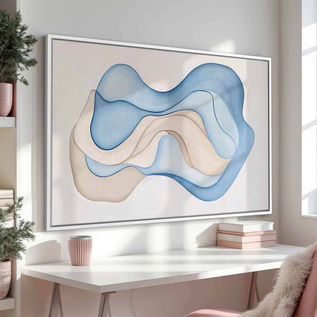 Framed Wall Art: Abstract blue and beige watercolor waves canvas print. Modern art for home decor, neutral color palette.