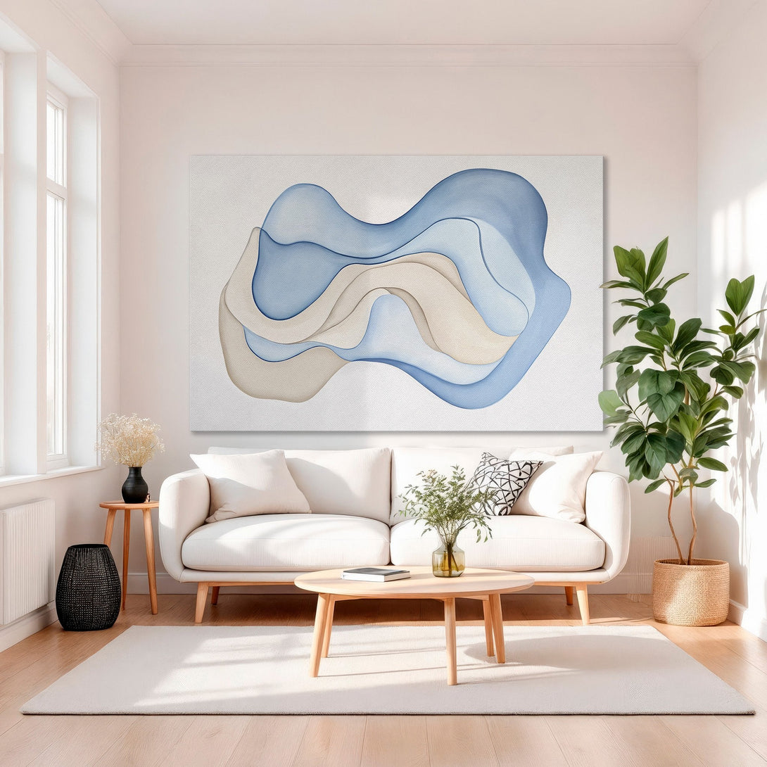 Framed Wall Art: Abstract blue & beige canvas print. Modern art for home decor. Serene color palette complements any interior style.
