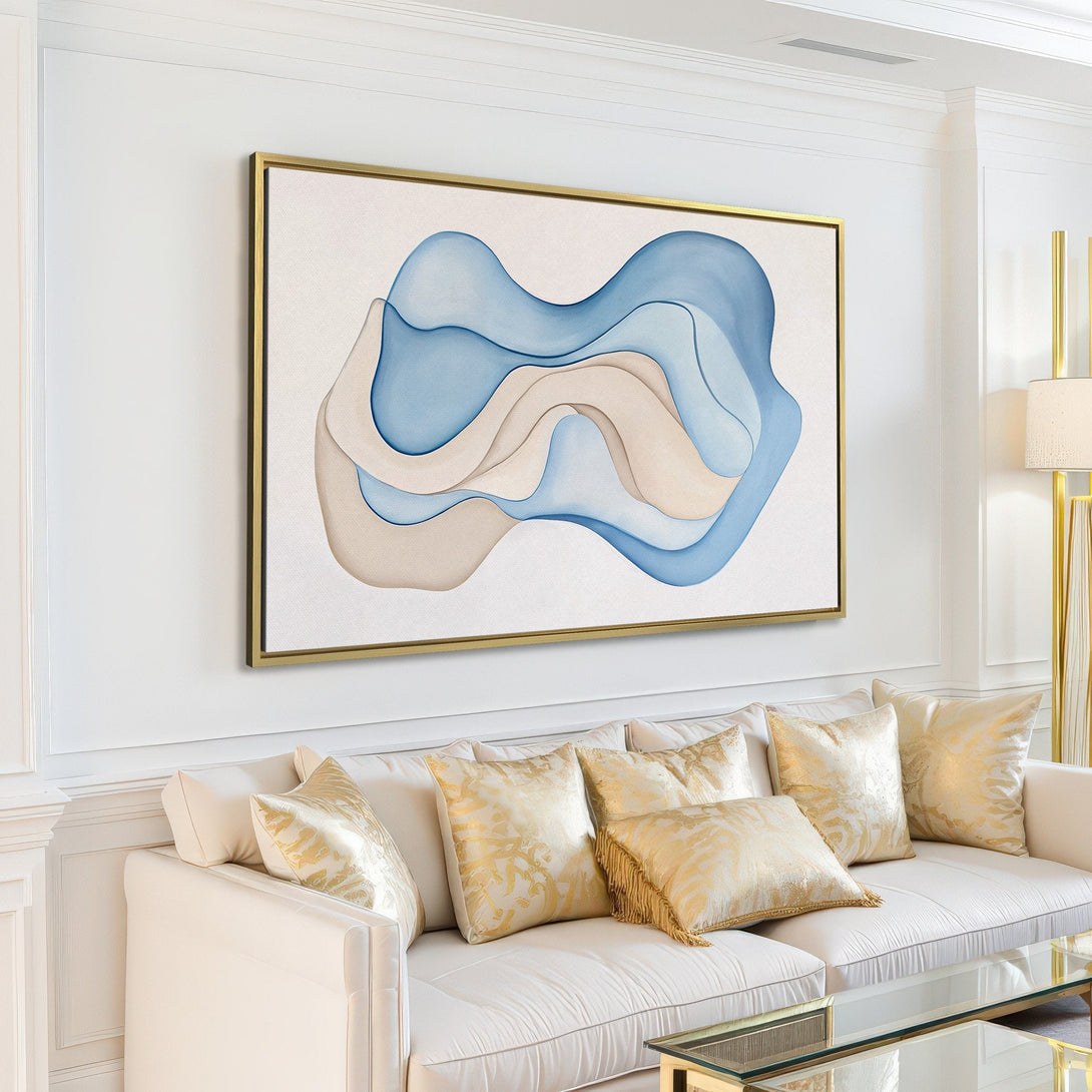 Abstract Canvas Print in blue and beige tones, displayed in a modern living room. Perfect wall art for minimalist decor.