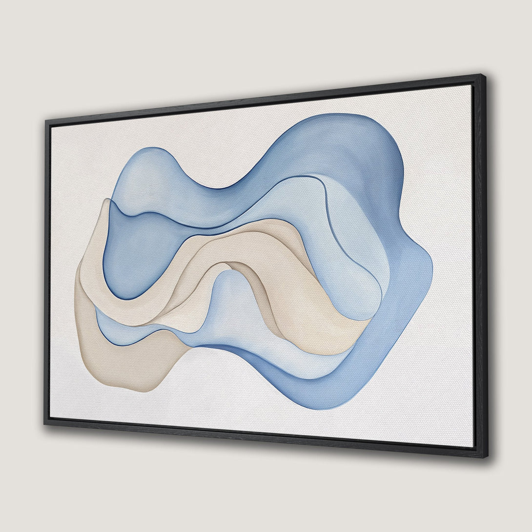 Framed Wall Art featuring abstract blue and beige waves. Modern, minimalist style canvas print perfect for any room.