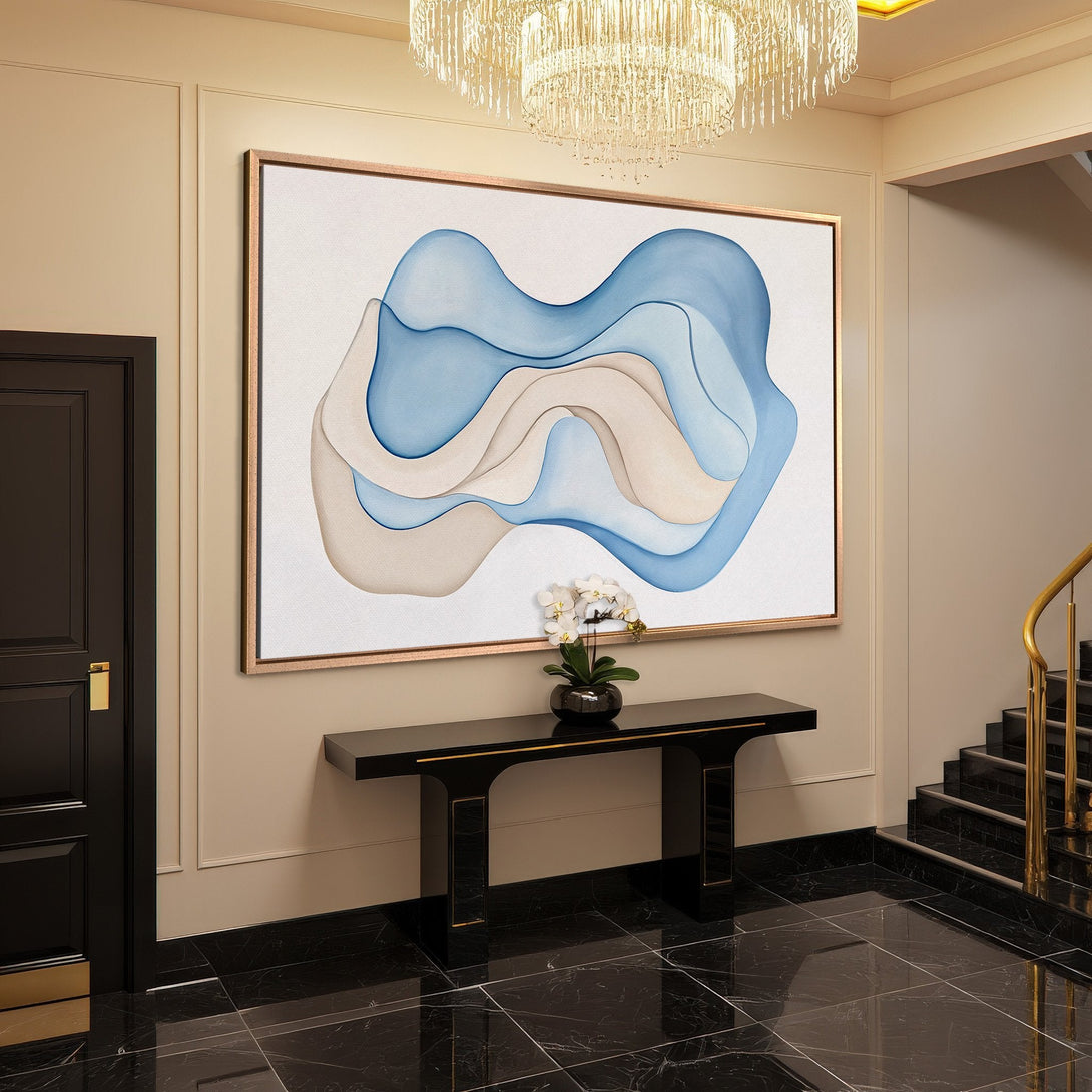 Framed Wall Art featuring an abstract blue and beige design. Modern art for a stylish home.
