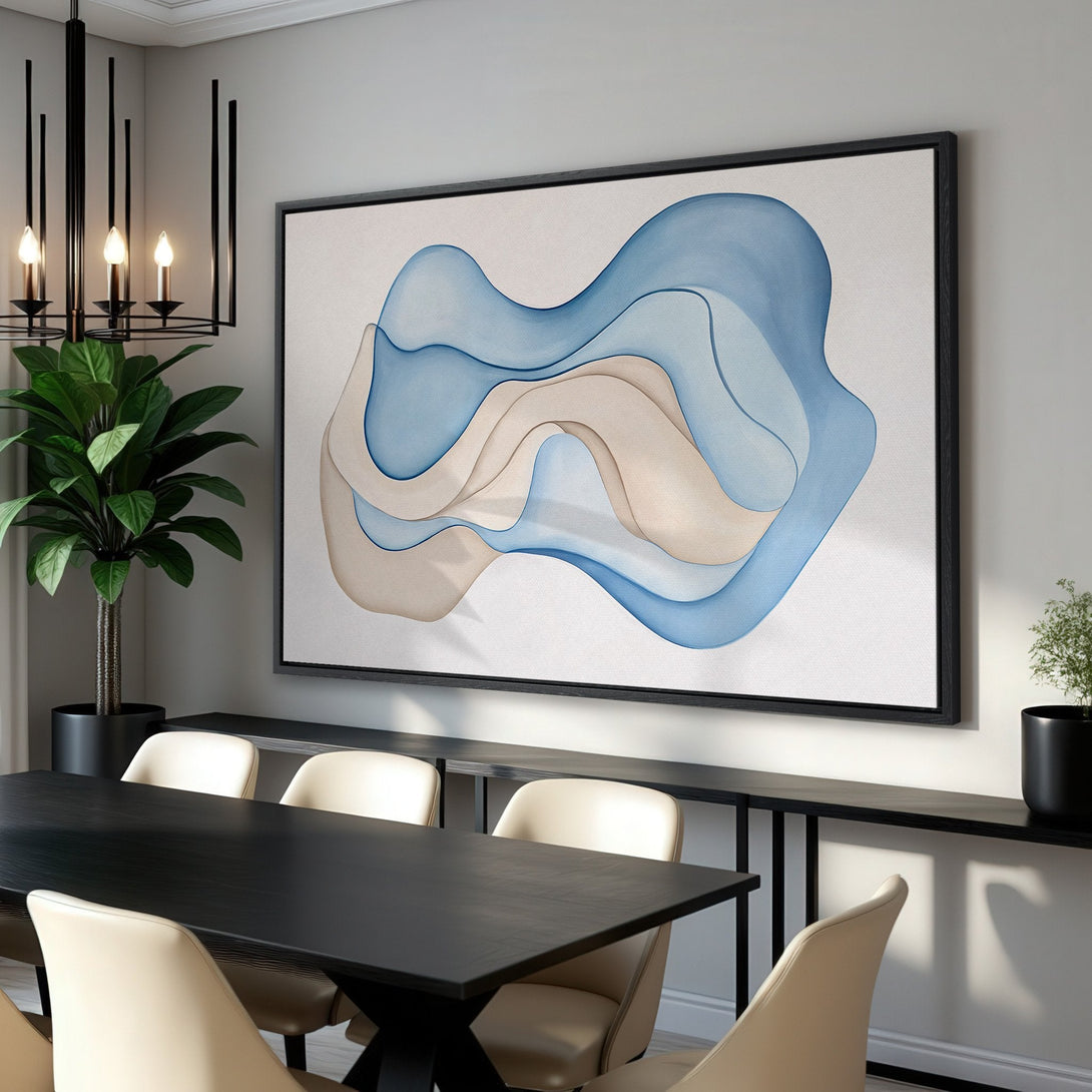 Abstract Canvas Print in blue & beige, modern art for home decor. Framed wall art adds style to dining room.