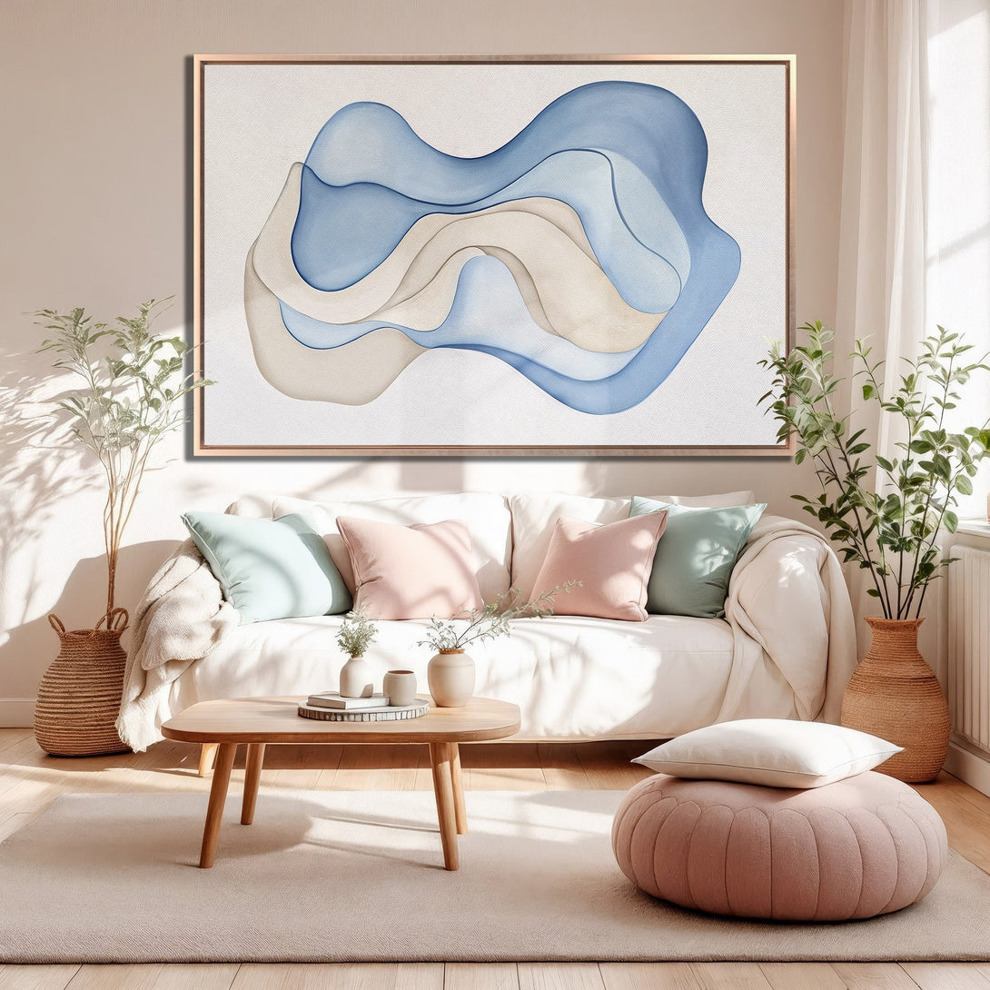 Framed Wall Art featuring abstract watercolor design in blue and beige tones, displayed in a modern living room. Perfect for adding a touch of elegance.