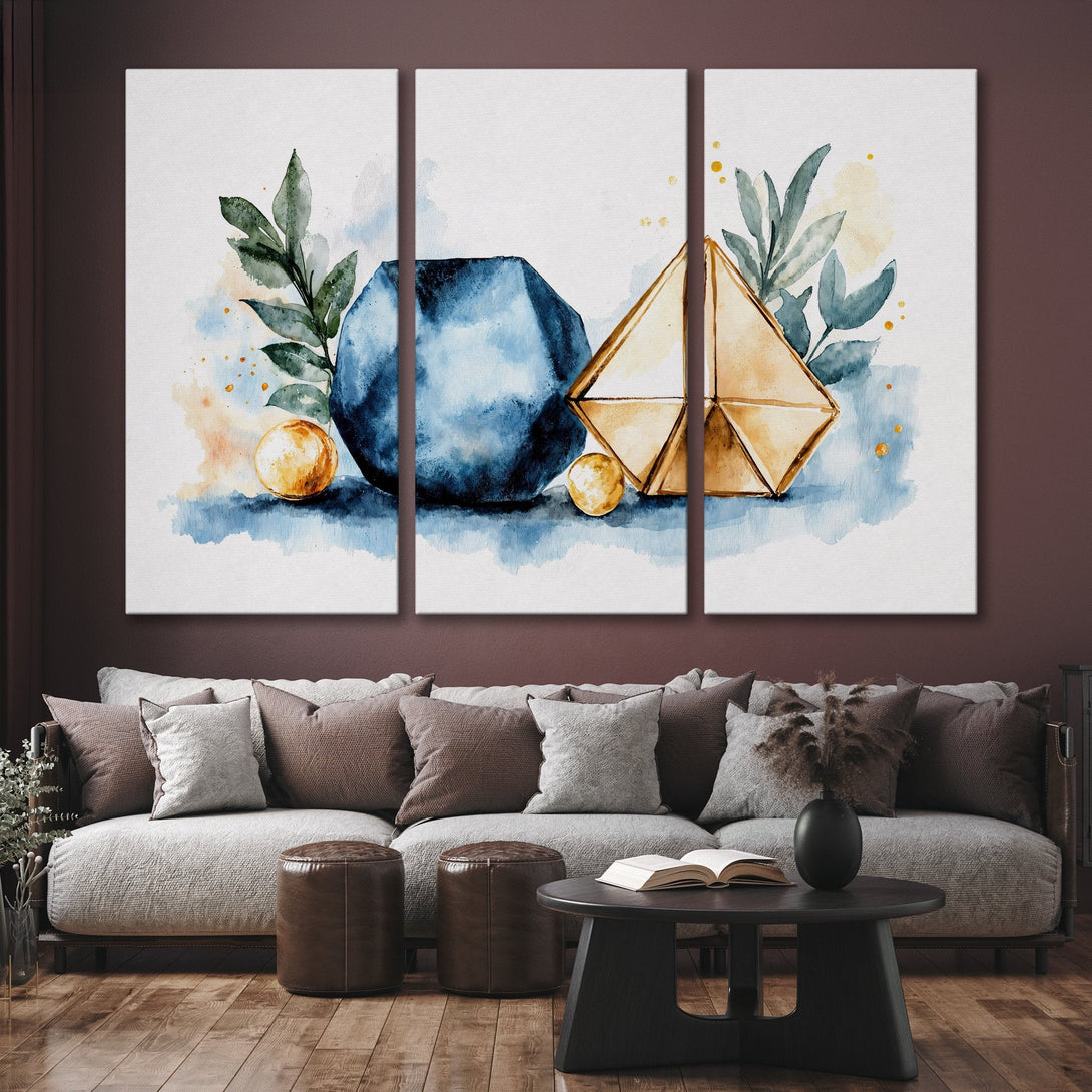 Watercolor Canvas Print featuring geometric shapes in blue, gold, and green. Modern art for home decor with a calming color palette.