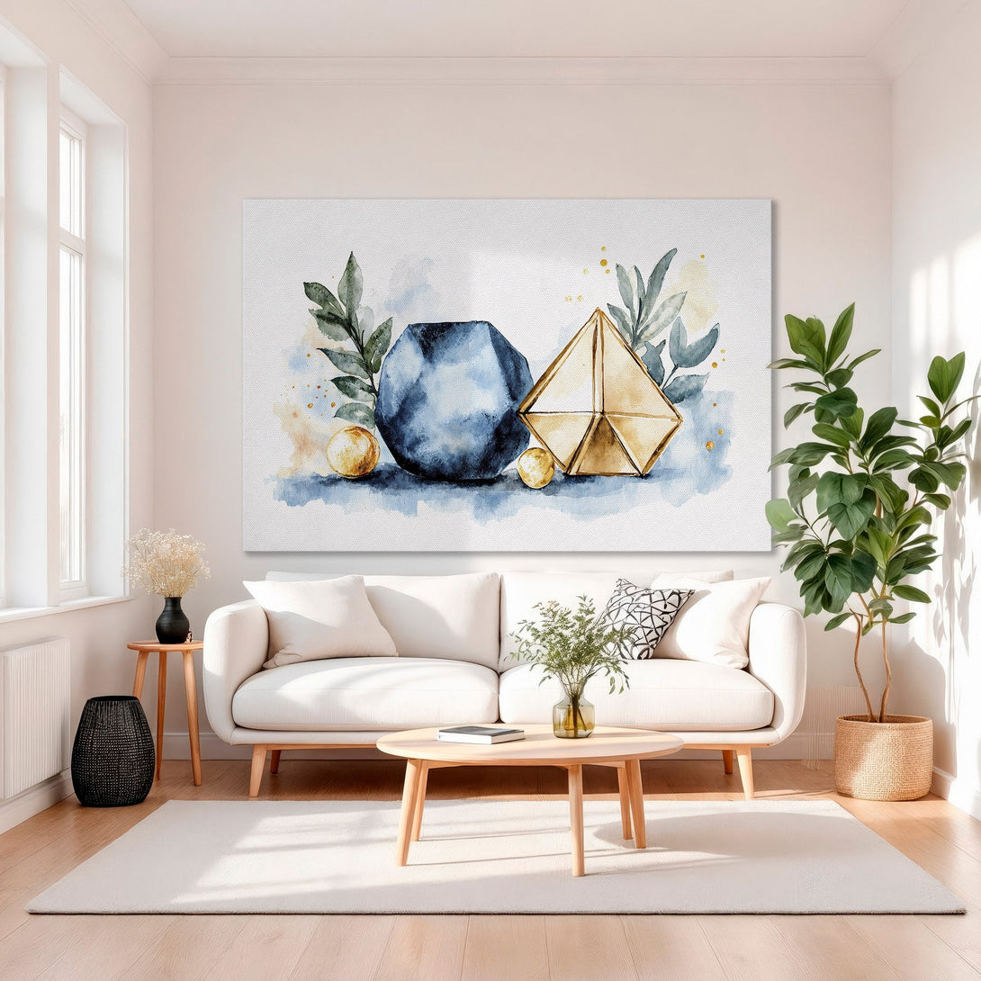Framed Wall Art featuring watercolor geometric shapes in blue, gold, and green. Modern canvas print adds elegance to any interior.