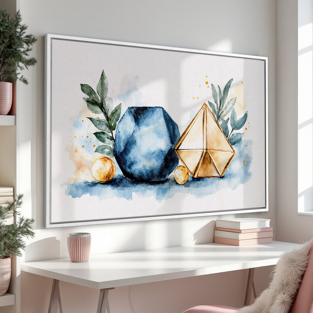 Framed Wall Art featuring watercolor geometric shapes in blue, gold, and green. Modern art for a stylish home.