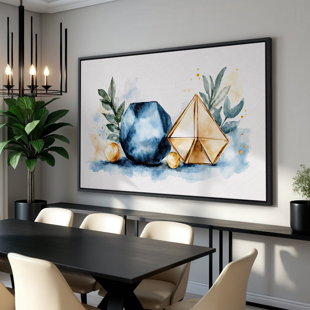 Framed Wall Art: Watercolor geometric shapes in blue, gold, and green. Modern abstract art for dining room decor. Canvas Print for stylish interiors.