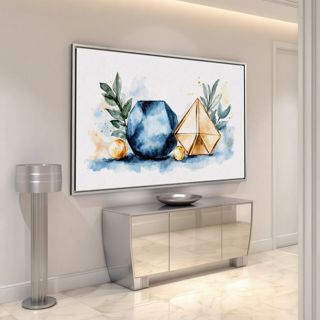 Framed Wall Art featuring watercolor geometric shapes in blue, gold, and green. Modern art canvas print for home decor.