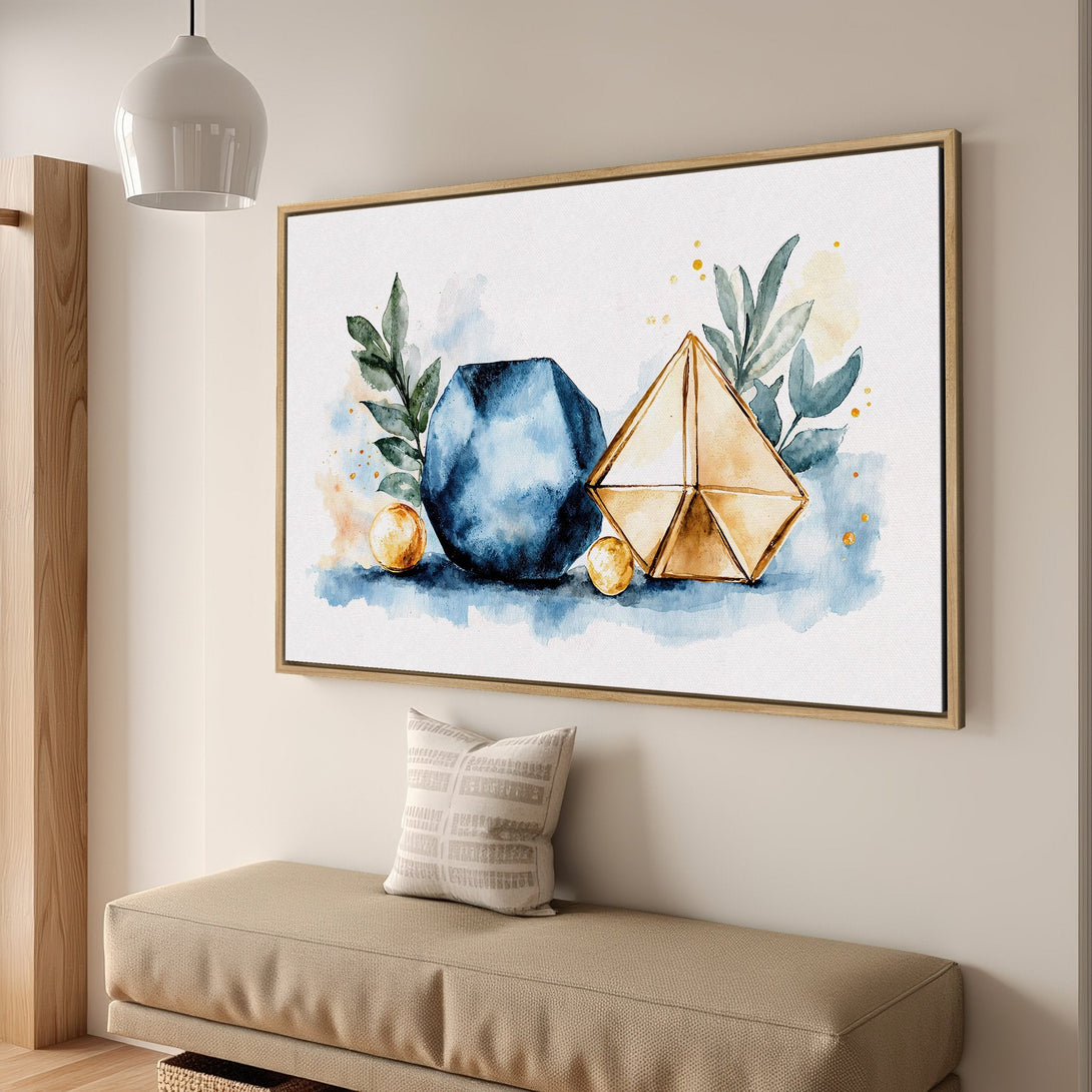 Framed Wall Art: Watercolor geometric shapes in blue, gold, and green. Modern Canvas Print adds a touch of elegance to any space. Shop now!