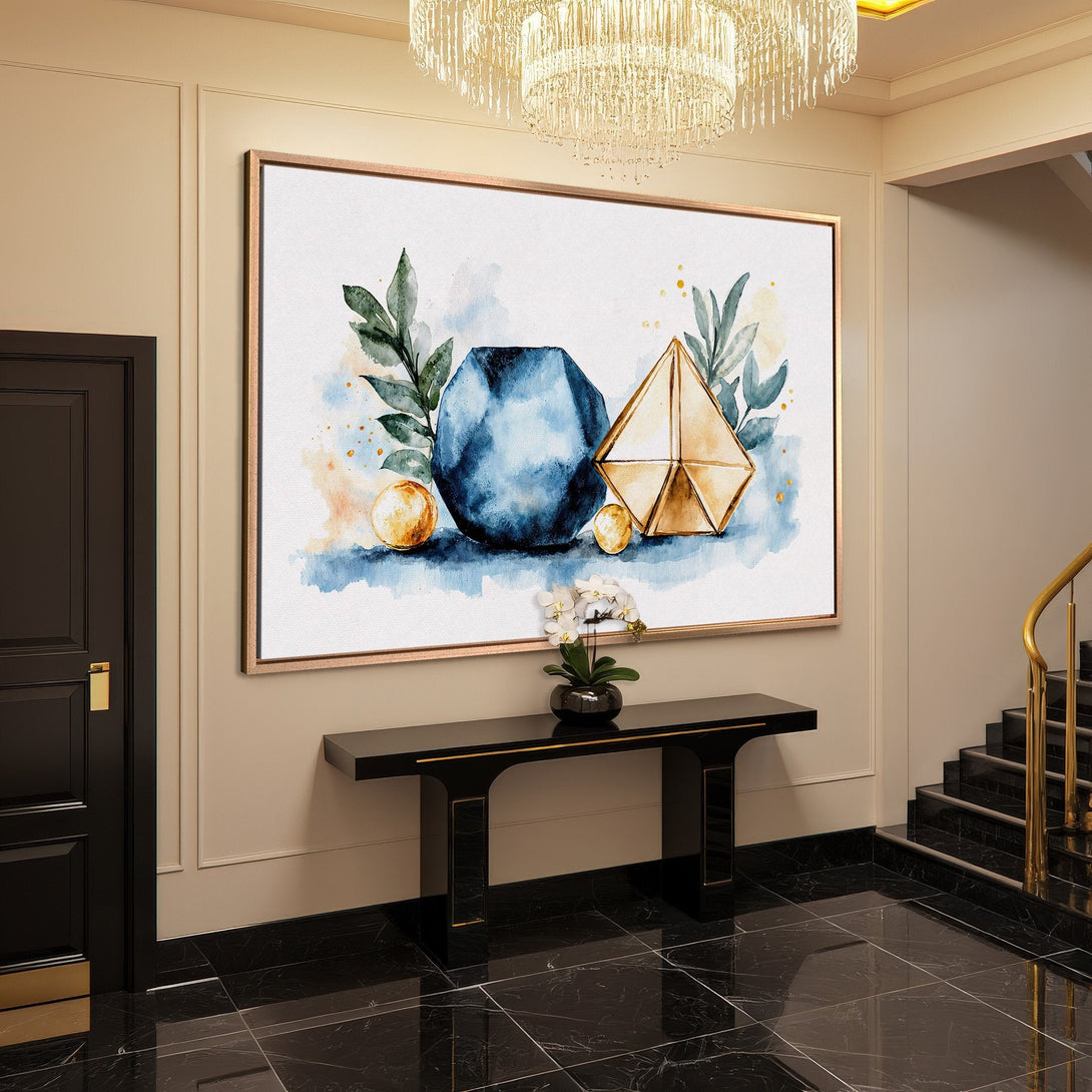Framed Wall Art featuring watercolor geometric art in blue, gold, and green. Modern Canvas Print adds elegance to any interior space.