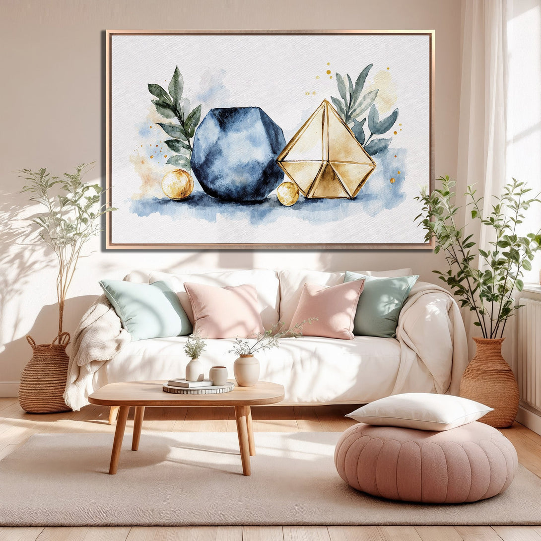 Framed Wall Art: Watercolor abstract art with blue, gold, and green tones. Modern canvas print adds a touch of elegance to any living room.