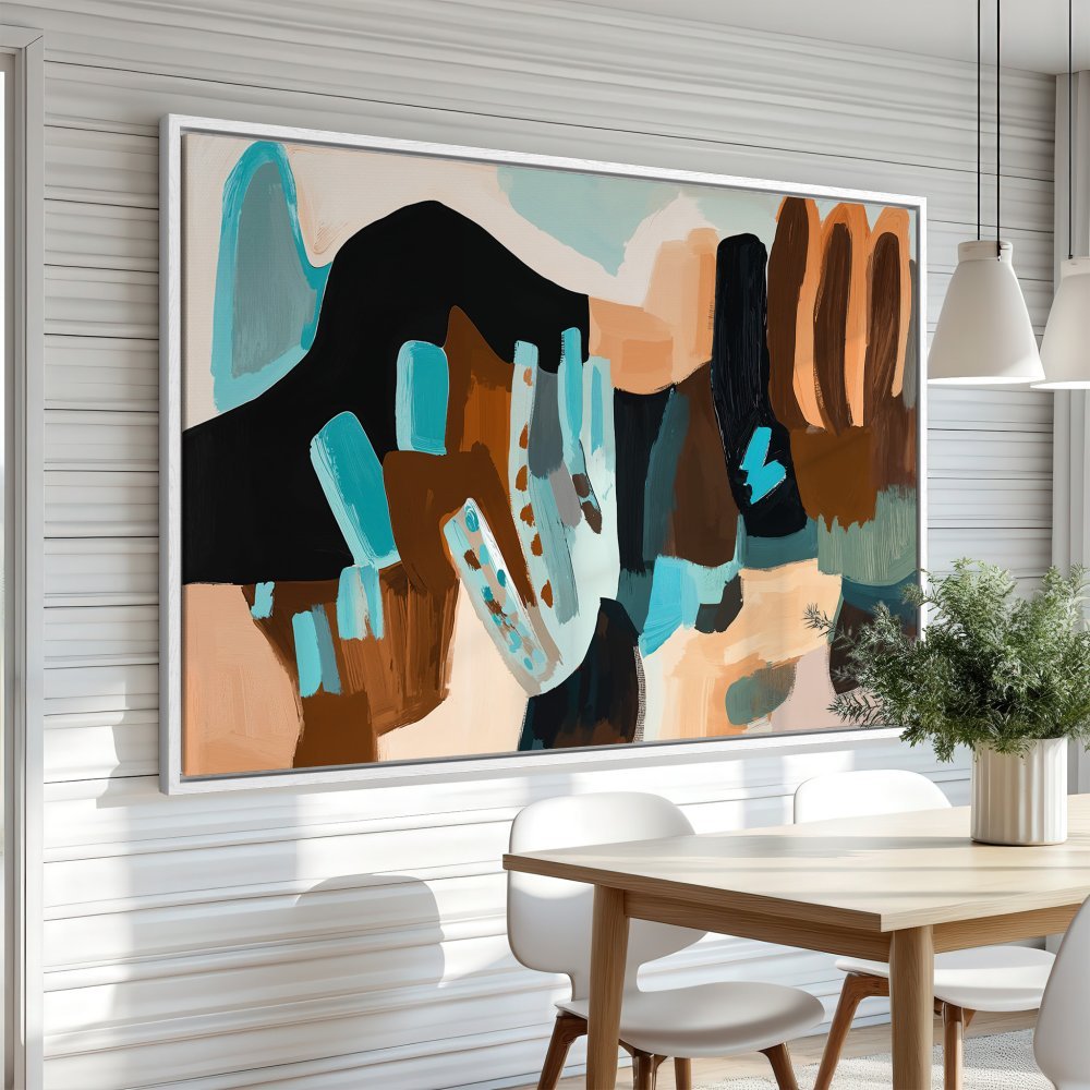 Abstract Canvas Print with bold brushstrokes in teal, brown, and beige. Modern art for your dining room.