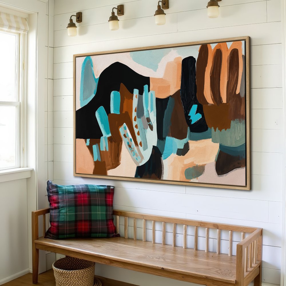 Abstract Canvas Print with teal, brown, and black brushstrokes. Modern framed wall art for home decor.