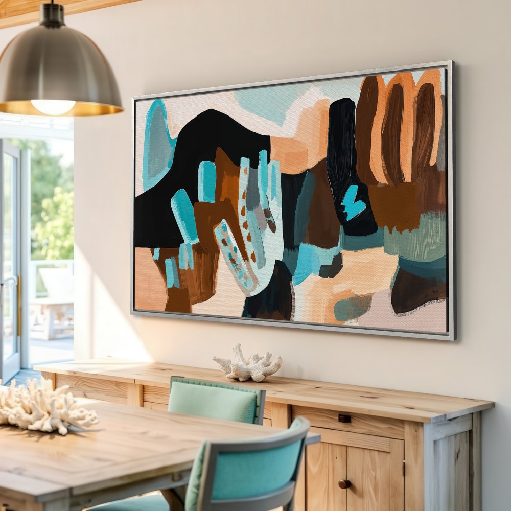 Framed Wall Art: Abstract landscape Canvas Print with a modern style, featuring a warm color palette of browns, blues, and tans. Perfect for home decor.